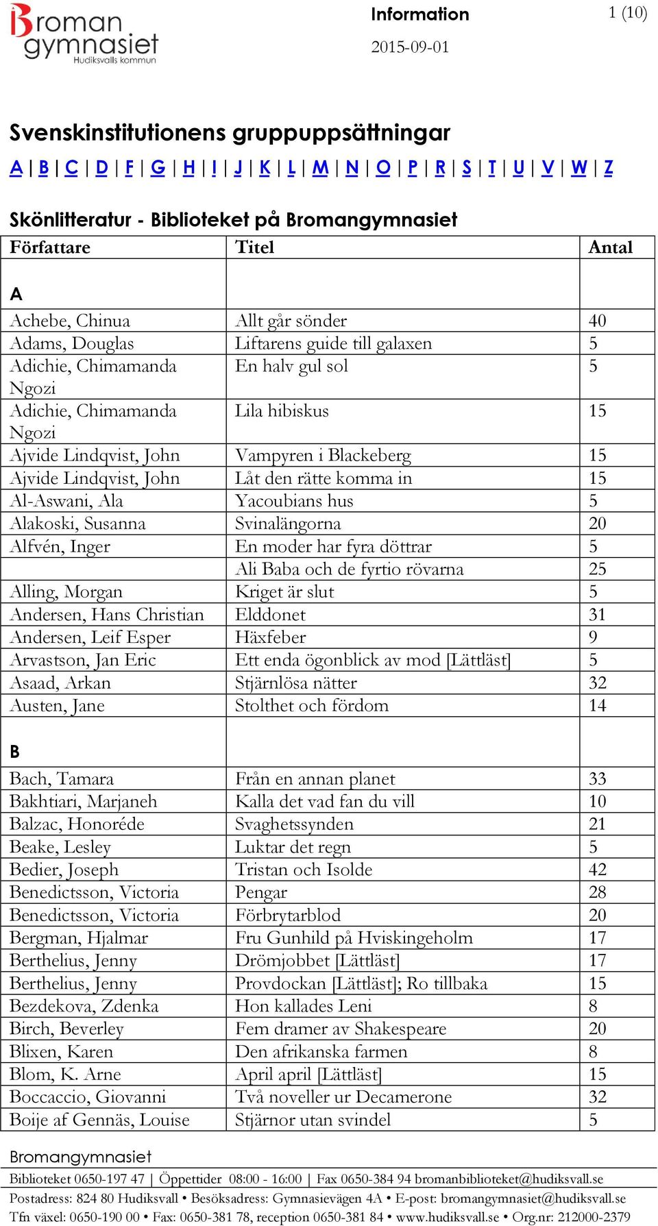 Lindqvist, John Låt den rätte komma in 15 Al-Aswani, Ala Yacoubians hus 5 Alakoski, Susanna Svinalängorna 20 Alfvén, Inger En moder har fyra döttrar 5 Ali Baba och de fyrtio rövarna 25 Alling, Morgan