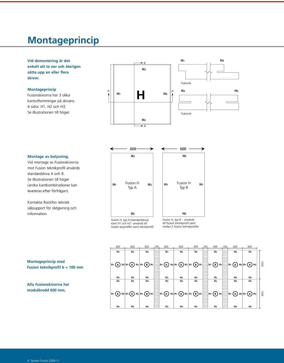 Se illustrationen till höger (andra kantkombinationer kan levereras efter förfrågan). 600 600 Fusion H Typ Fusion H Typ Kontakta Rockfon teknisk säljsupport för rådgivning och information.