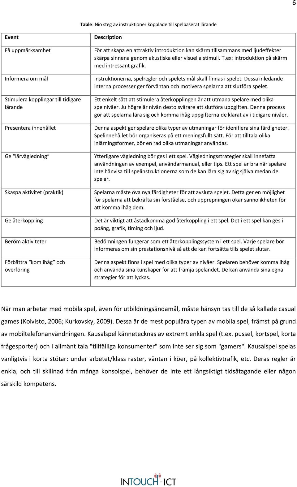 akustiska eller visuella stimuli. T.ex: introduktion på skärm med intressant grafik. Instruktionerna, spelregler och spelets mål skall finnas i spelet.