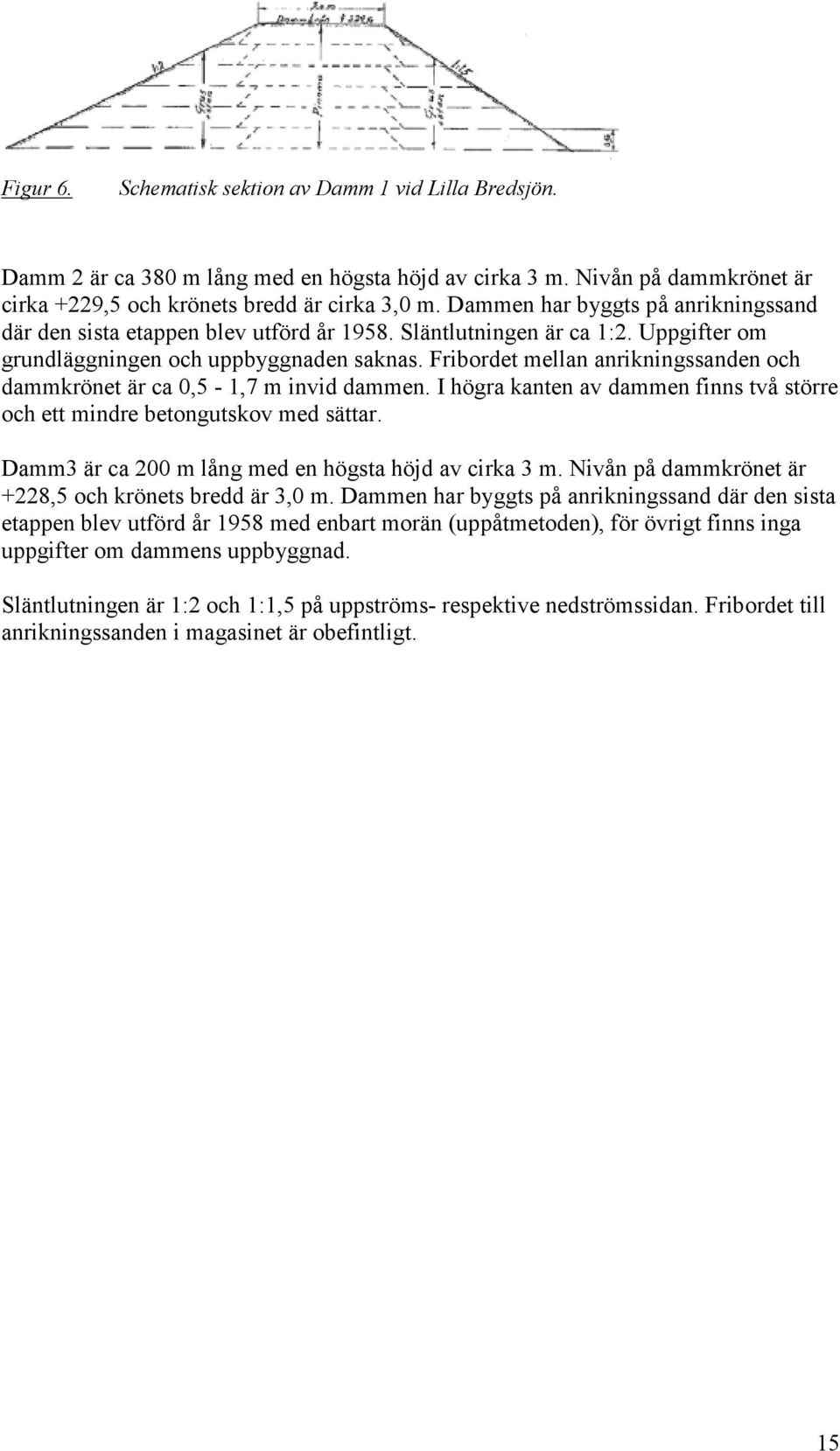 Fribordet mellan anrikningssanden och dammkrönet är ca 0,5-1,7 m invid dammen. I högra kanten av dammen finns två större och ett mindre betongutskov med sättar.