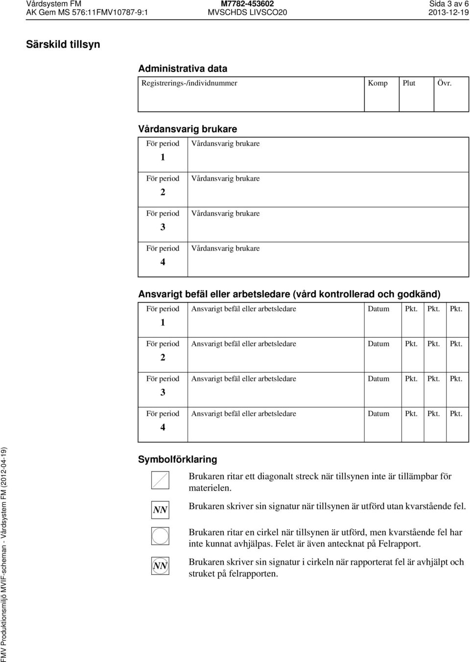 Pkt. Pkt. 1 2 3 4 Ansvarigt befäl eller arbetsledare Datum Pkt. Pkt. Pkt. Ansvarigt befäl eller arbetsledare Datum Pkt. Pkt. Pkt. Ansvarigt befäl eller arbetsledare Datum Pkt. Pkt. Pkt. Symbolförklaring NN NN Brukaren ritar ett diagonalt streck när tillsynen inte är tillämpbar för materielen.