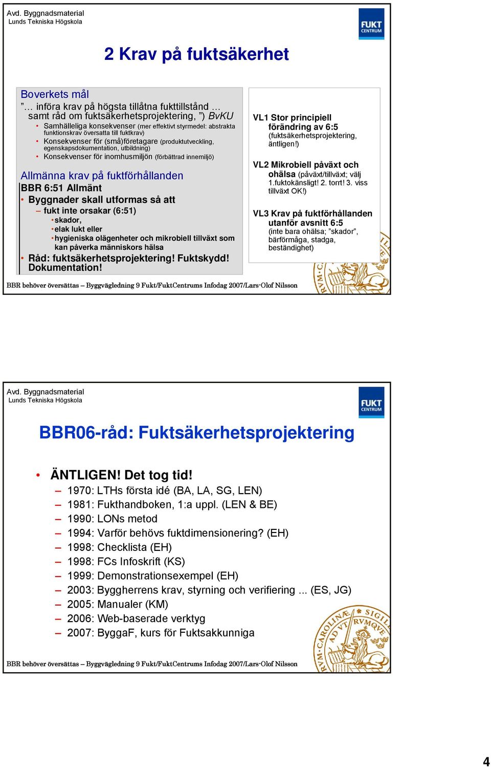 fuktförhållanden BBR 6:51 Allmänt Byggnader skall utformas så att fukt inte orsakar (6:51) skador, elak lukt eller hygieniska olägenheter och mikrobiell tillväxt som kan påverka människors hälsa Råd: