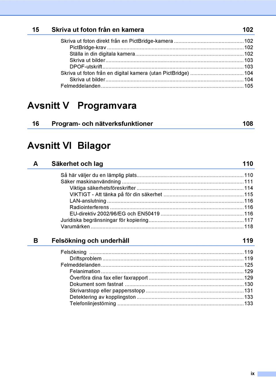 ..105 Avsnitt V Programvara 16 Program- och nätverksfunktioner 108 Avsnitt VI Bilagor A Säkerhet och lag 110 Så här väljer du en lämplig plats...110 Säker maskinanvändning.