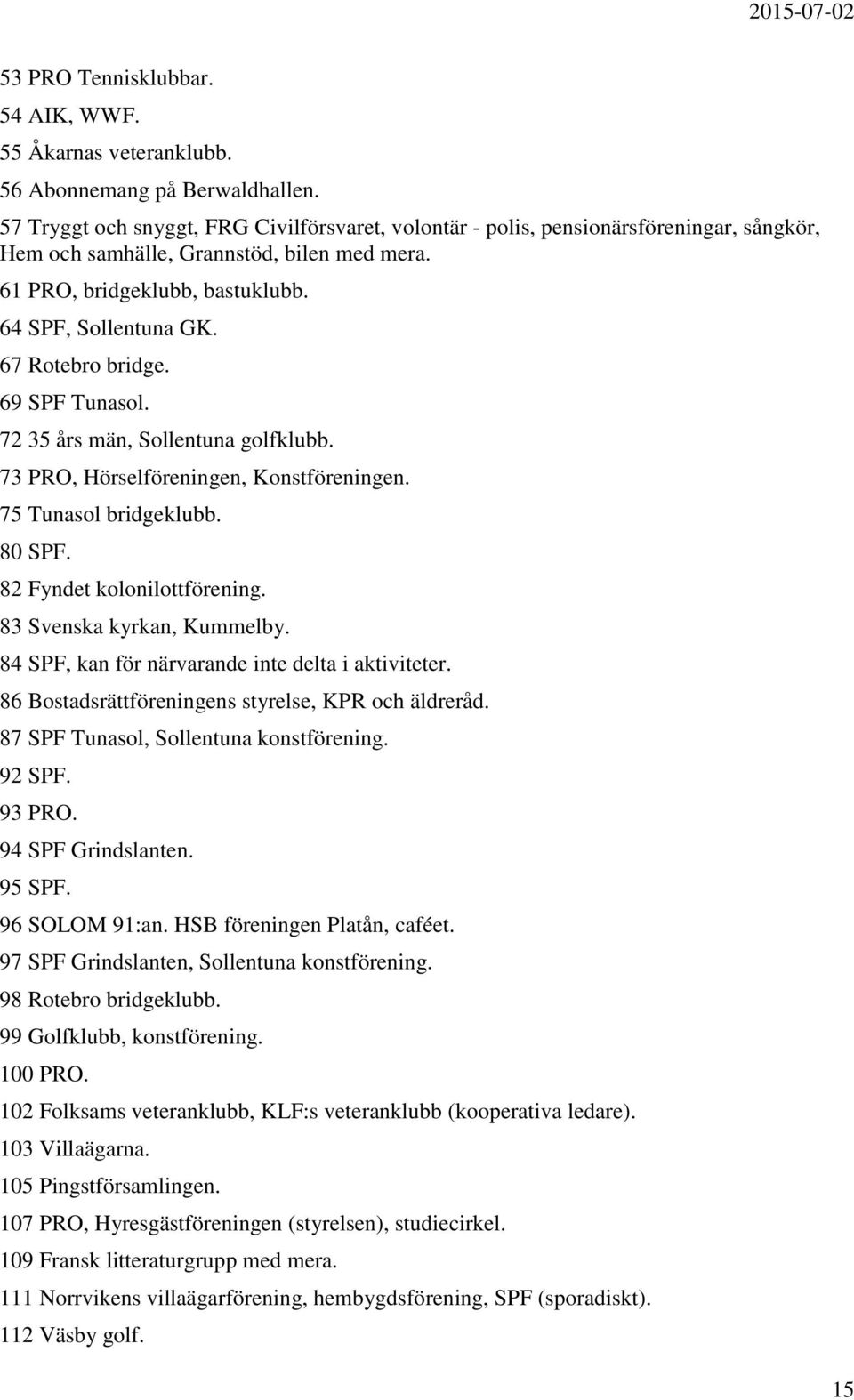 67 Rotebro bridge. 69 SPF Tunasol. 72 35 års män, Sollentuna golfklubb. 73 PRO, Hörselföreningen, Konstföreningen. 75 Tunasol bridgeklubb. 80 SPF. 82 Fyndet kolonilottförening.