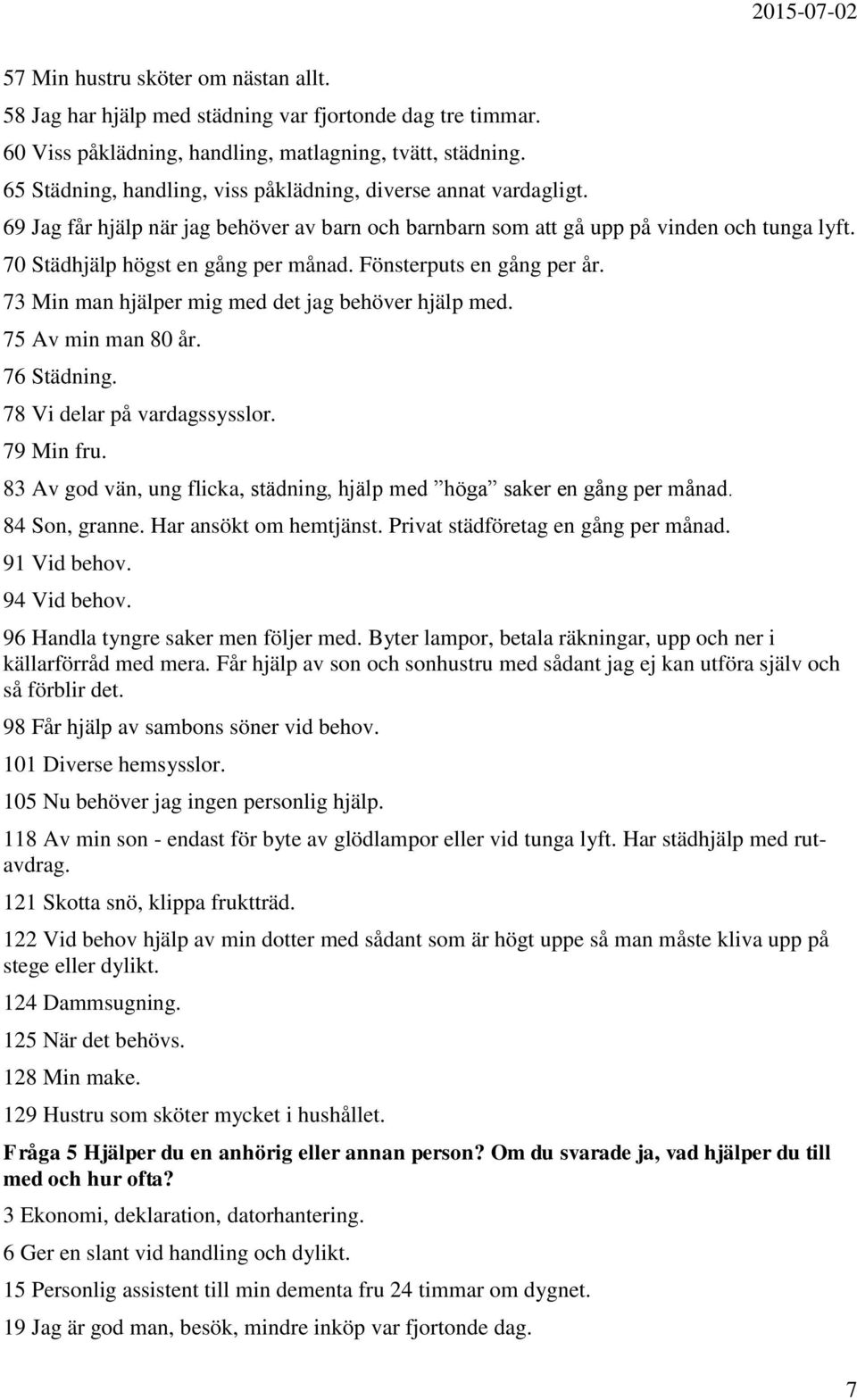 Fönsterputs en gång per år. 73 Min man hjälper mig med det jag behöver hjälp med. 75 Av min man 80 år. 76 Städning. 78 Vi delar på vardagssysslor. 79 Min fru.