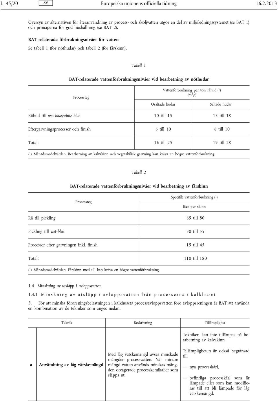 Tabell 1 BAT-relaterade vattenförbrukningsnivåer vid bearbetning av nöthudar Processteg Vattenförbrukning per ton råhud ( 1 ) (m 3 /t) Osaltade hudar Saltade hudar Råhud till wet-blue/white-blue 10