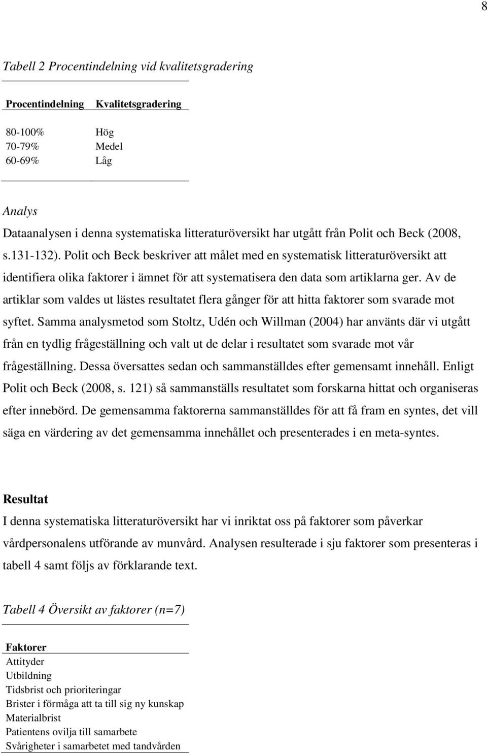 Av de artiklar som valdes ut lästes resultatet flera gånger för att hitta faktorer som svarade mot syftet.