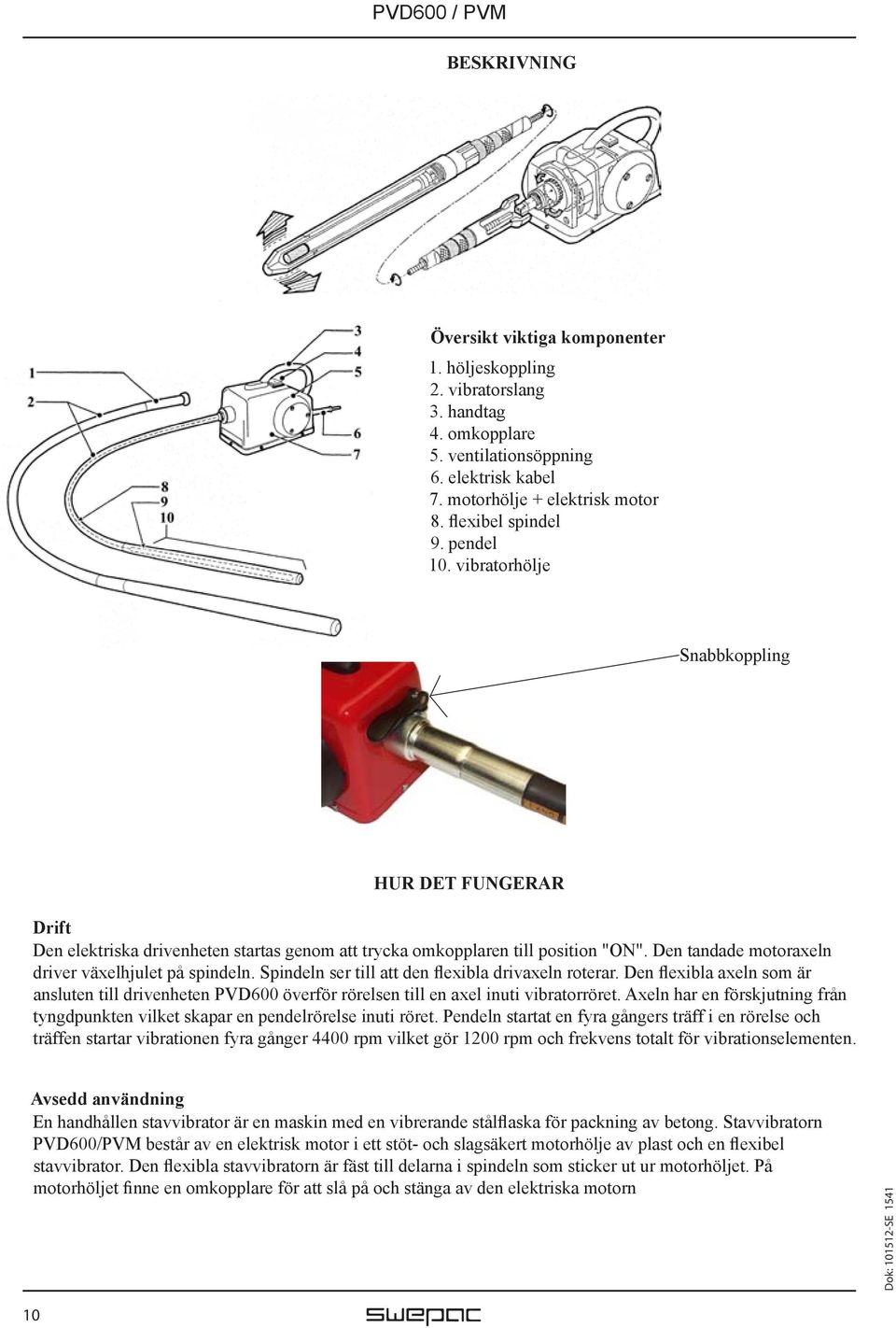 Spindeln ser till att den flexibla drivaxeln roterar. Den flexibla axeln som är ansluten till drivenheten PVD600 överför rörelsen till en axel inuti vibratorröret.