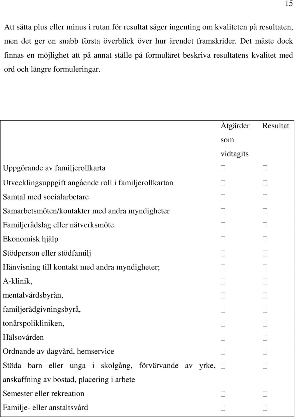 Uppgörande av familjerollkarta Utvecklingsuppgift angående roll i familjerollkartan Samtal med socialarbetare Samarbetsmöten/kontakter med andra myndigheter Familjerådslag eller nätverksmöte