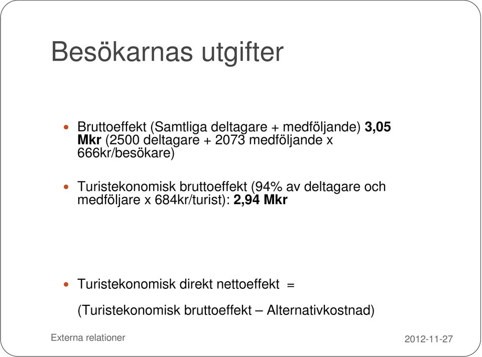 bruttoeffekt (94% av deltagare och medföljare x 684kr/turist): 2,94 Mkr