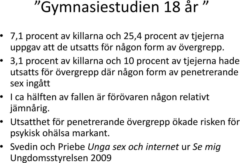 3,1 procent av killarna och 10 procent av tjejerna hade utsatts för övergrepp där någon form av penetrerande sex