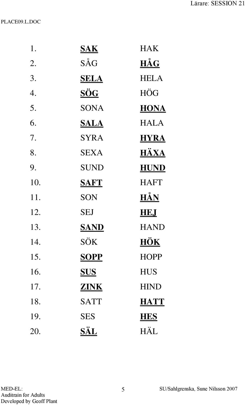 SAFT HAFT 11. SON HÅN 12. SEJ HEJ 13. SAND HAND 14. SÖK HÖK 15.