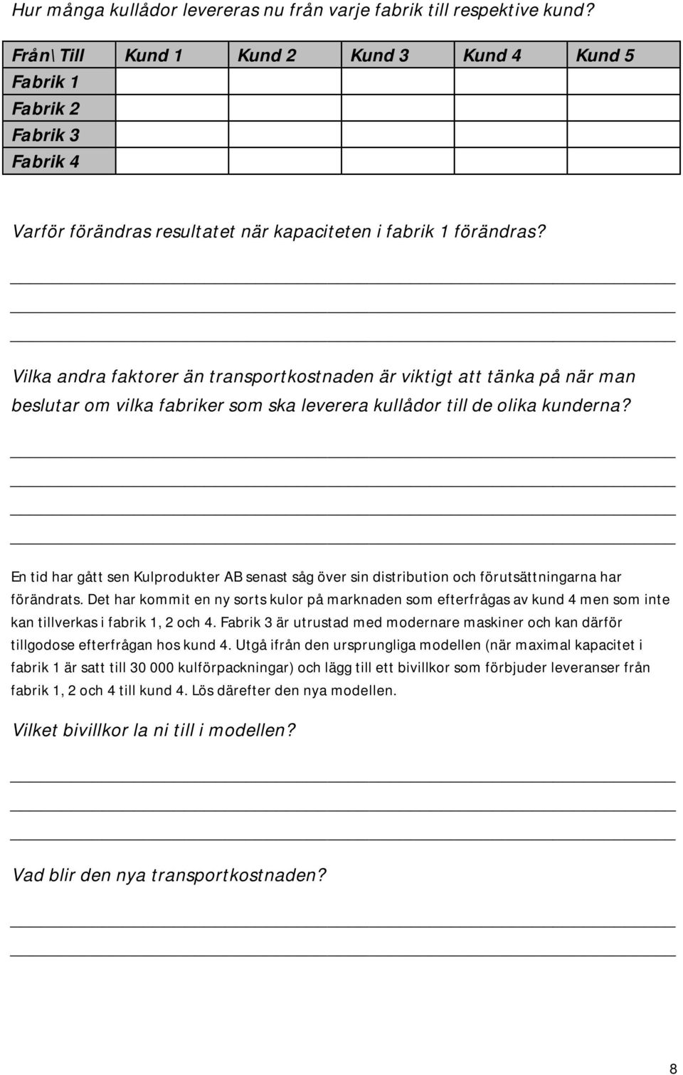 Vilka andra faktorer än transportkostnaden är viktigt att tänka på när man beslutar om vilka fabriker som ska leverera kullådor till de olika kunderna?