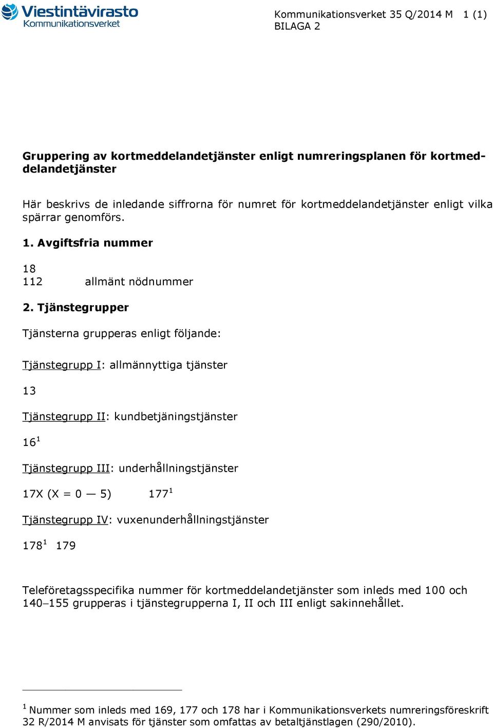 Tjänstegrupper Tjänsterna grupperas enligt följande: Tjänstegrupp I: allmännyttiga tjänster 13 Tjänstegrupp II: kundbetjäningstjänster 16 1 Tjänstegrupp III: underhållningstjänster 17X (X = 0 5) 177