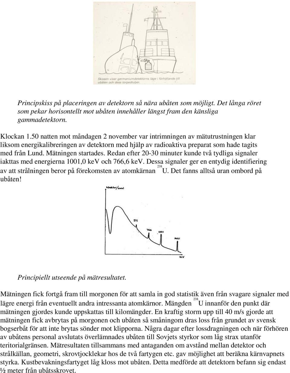 Redan efter 20-30 minuter kunde två tydliga signaler iakttas med energierna 1001,0 kev och 766,6 kev.