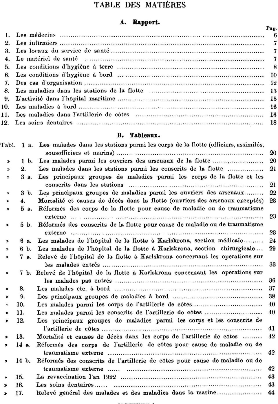 Les maladies dans l'artillerie de côtes 16 12. Les soins dentaires 18 B. Tableaux. Tabl. 1 a.