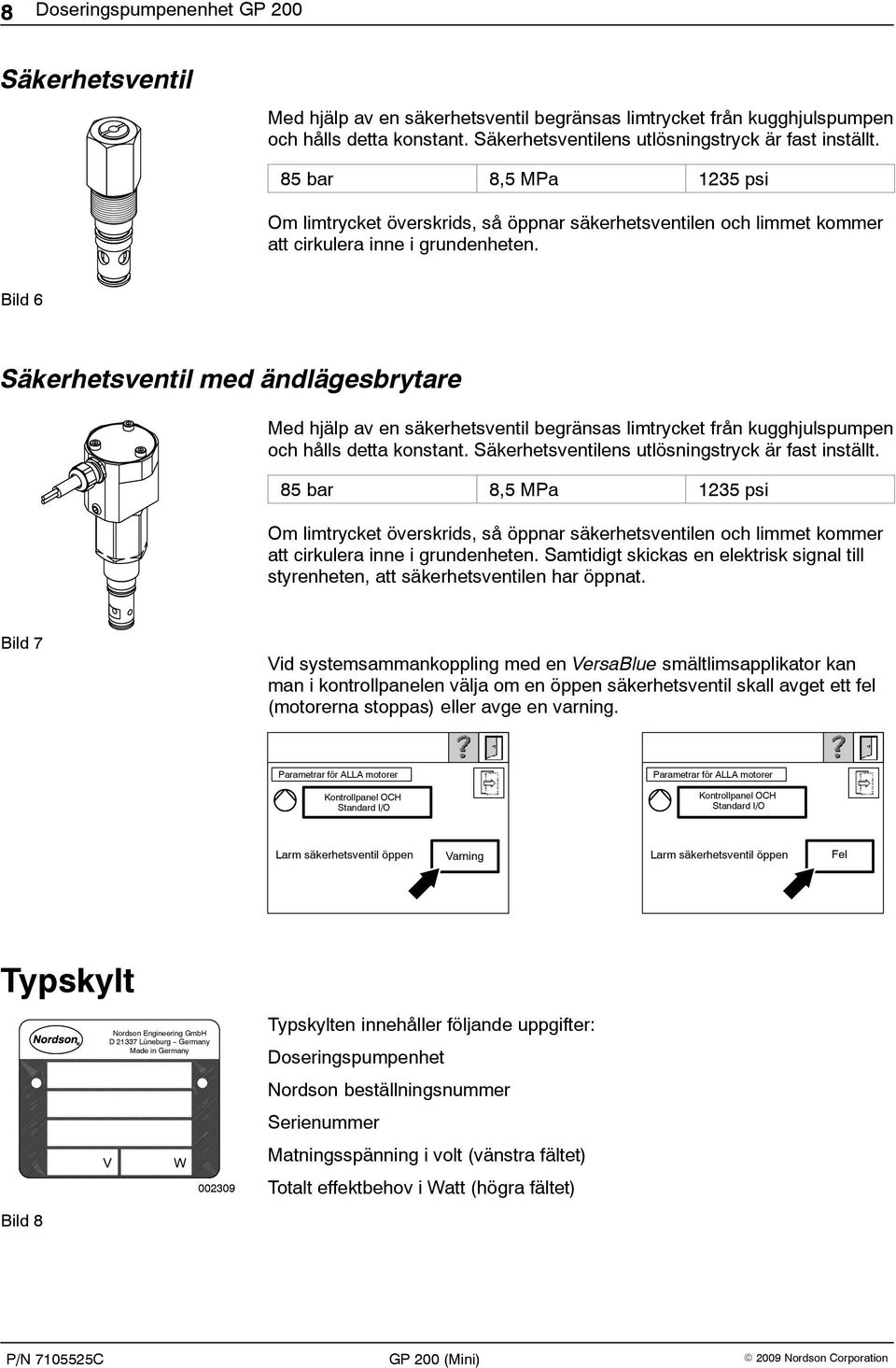 Bild 6 Säkerhetsventil med ändlägesbrytare Med hjälp av en säkerhetsventil begränsas limtrycket från kugghjulspumpen och hålls detta konstant. Säkerhetsventilens utlösningstryck är fast inställt.