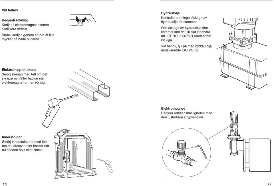 Om läckage av hydraulolja förekommer kan det till slut innebära att JOPRO 2200TV:s rörelser blir ryckiga. Vid behov, fyll på med hydraulolja motsvarande ISO VG 32.