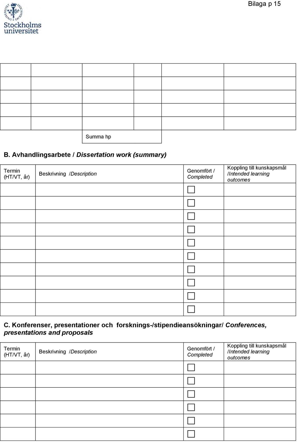 / Completed Koppling till kunskapsmål /Intended learning outcomes C.