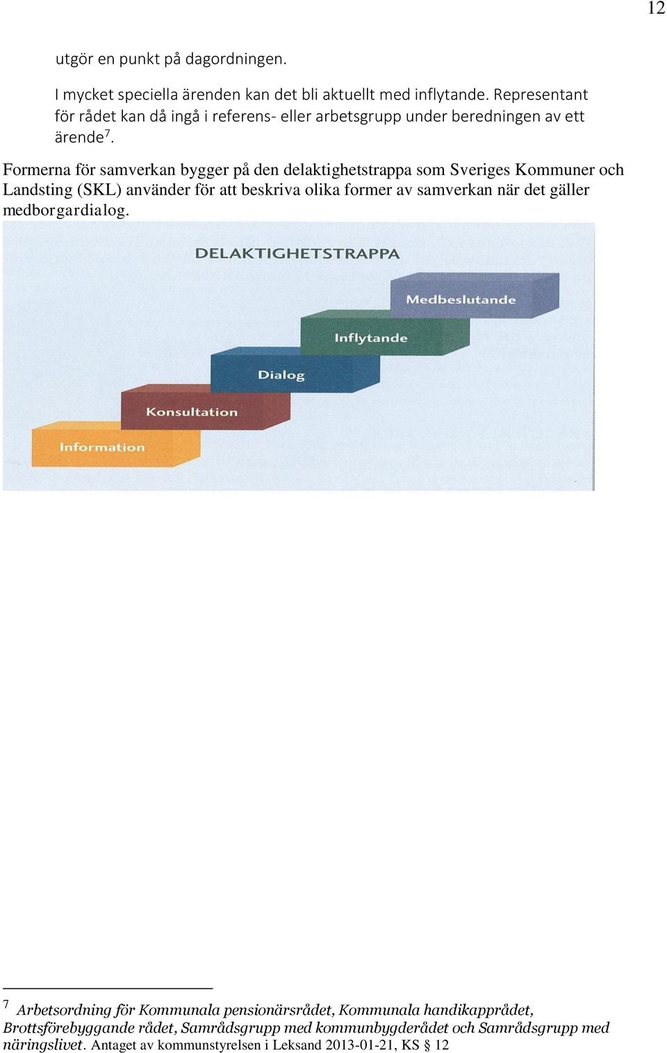 Formerna för samverkan bygger på den delaktighetstrappa som Sveriges Kommuner och Landsting (SKL) använder för att beskriva olika former av samverkan