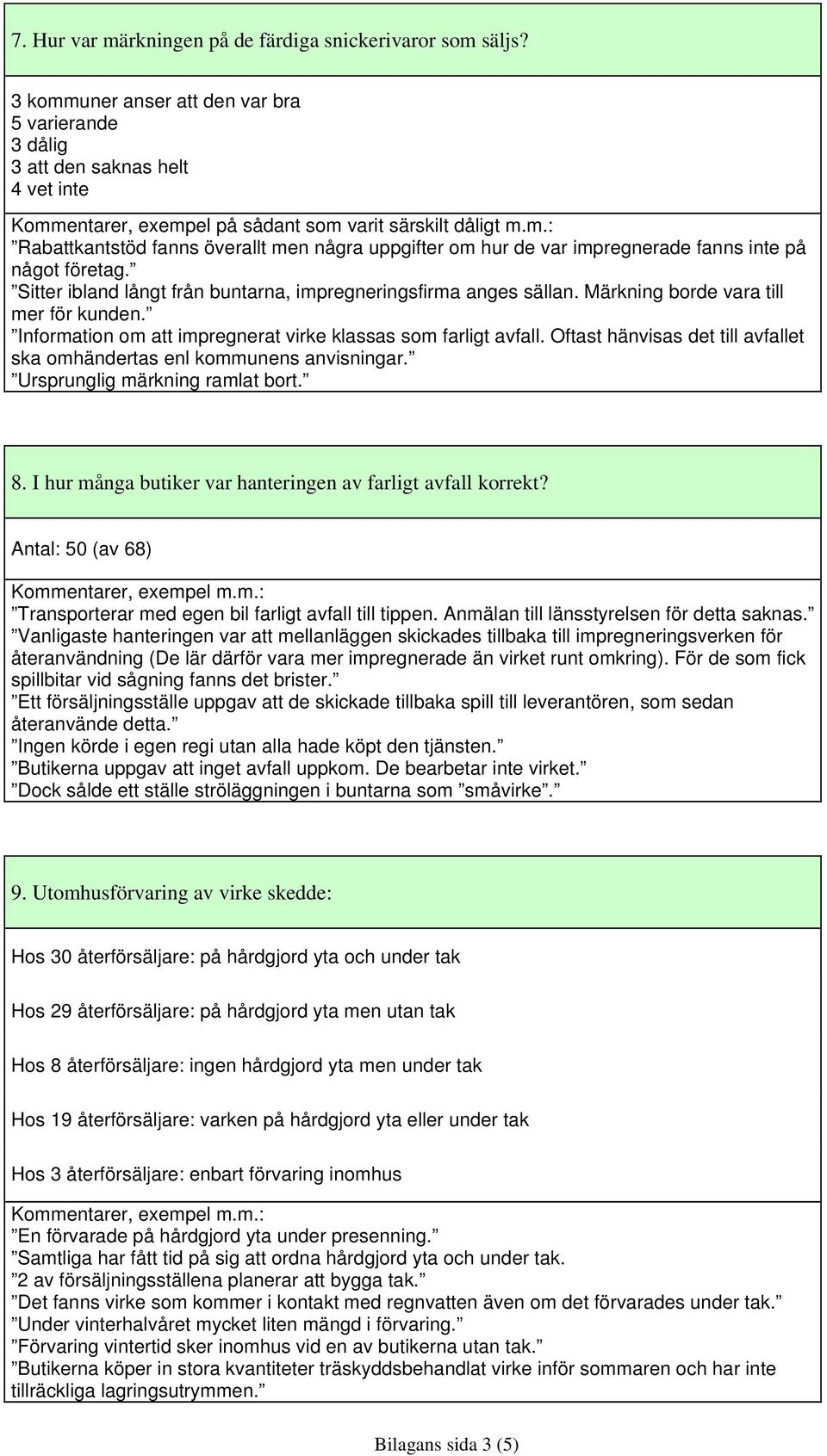 Sitter ibland långt från buntarna, impregneringsfirma anges sällan. Märkning borde vara till mer för kunden. Information om att impregnerat virke klassas som farligt avfall.