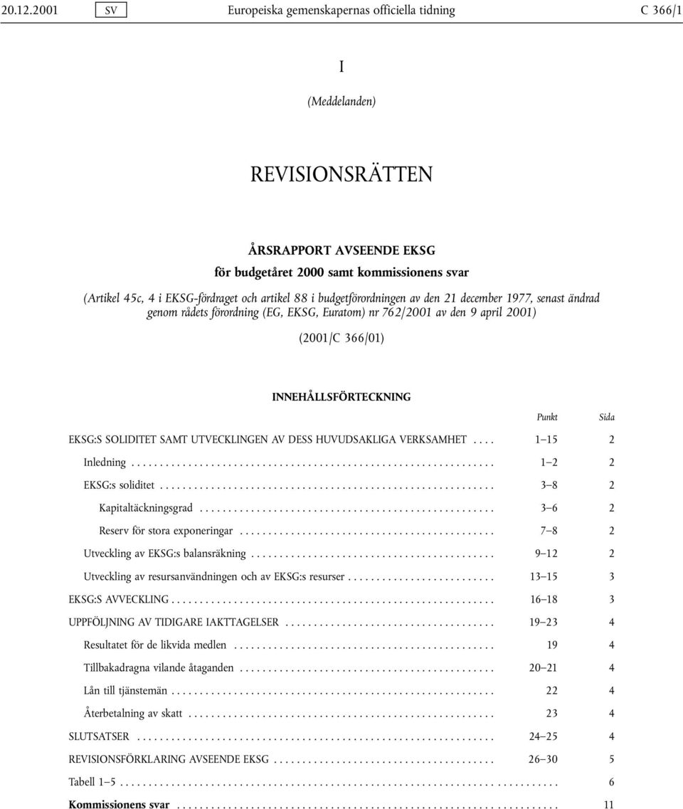 artikel 88 i budgetförordningen av den 21 december 1977, senast ändrad genom rådets förordning (EG, EKSG, Euratom) nr 762/2001 av den 9 april 2001) (2001/C 366/01) INNEHÅLLSFÖRTECKNING Punkt Sida