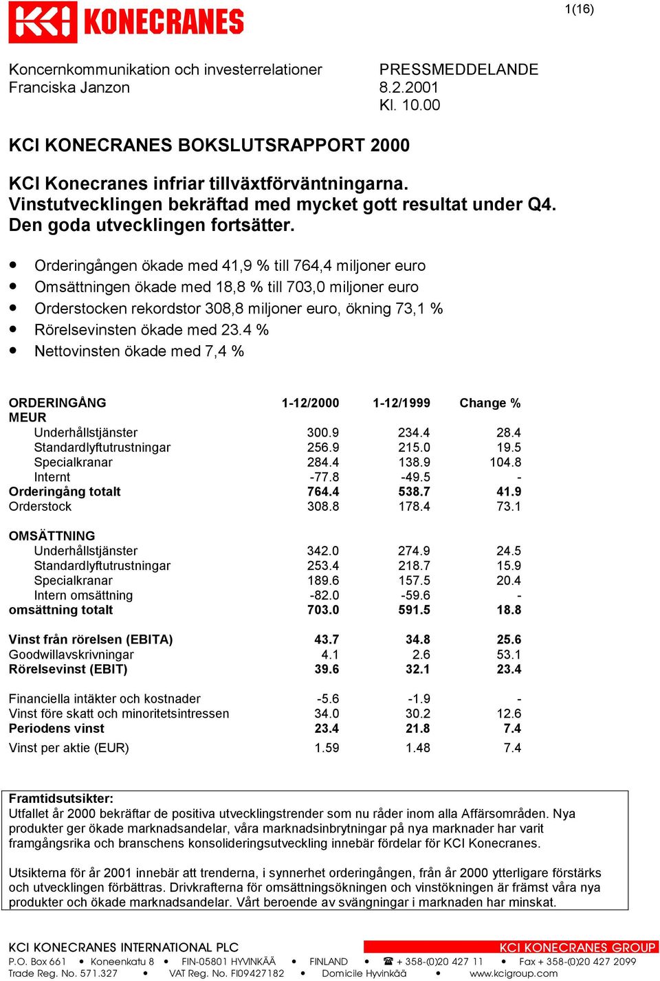 Orderingången ökade med 41,9 % till 764,4 miljoner euro Omsättningen ökade med 18,8 % till 703,0 miljoner euro Orderstocken rekordstor 308,8 miljoner euro, ökning 73,1 % Rörelsevinsten ökade med 23.