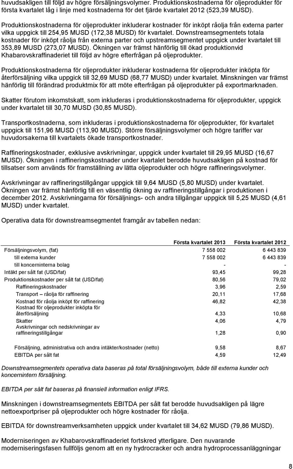 Downstreamsegmentets totala kostnader för inköpt råolja från externa parter och upstreamsegmentet uppgick under kvartalet till 353,89 MUSD (273,07 MUSD).