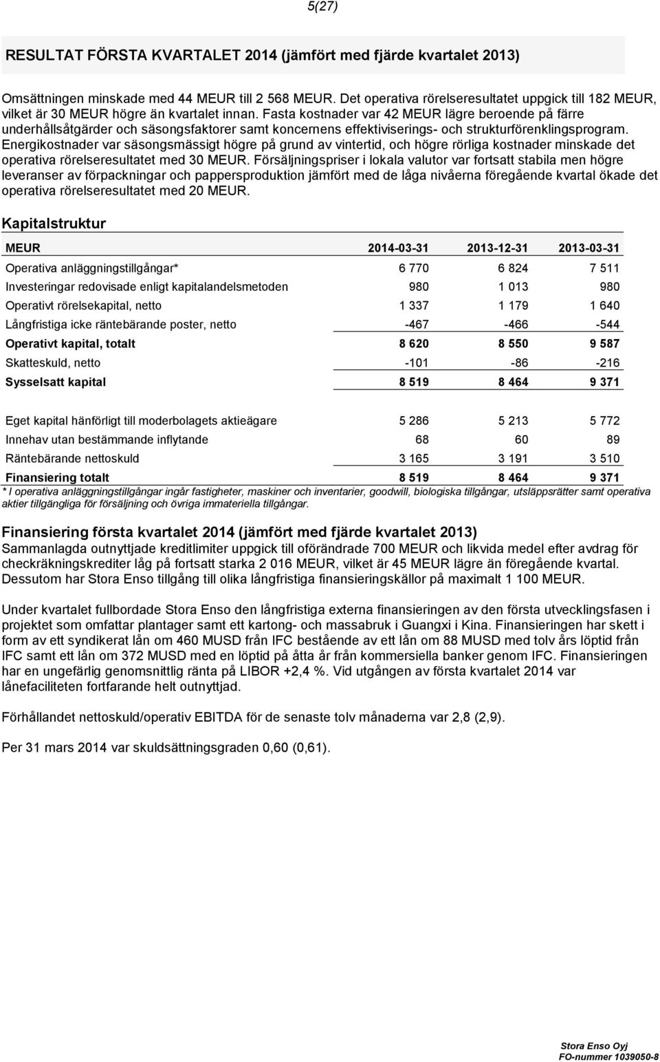 Fasta kostnader var 42 MEUR lägre beroende på färre underhållsåtgärder och säsongsfaktorer samt koncernens effektiviserings- och strukturförenklingsprogram.