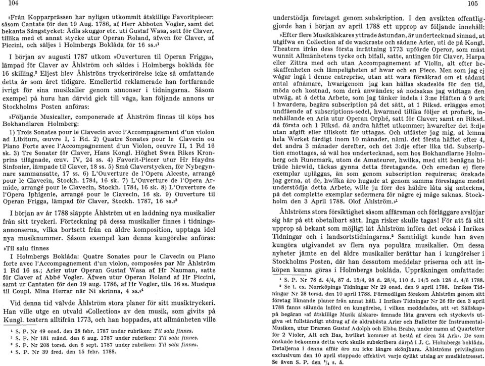 1 I början av augusti 1787 utkom ))Ouverturen til Operan Frigga)), lämpad för Claver av Åhlström och såldes i Holmbergs boklåda för 16 skilling.
