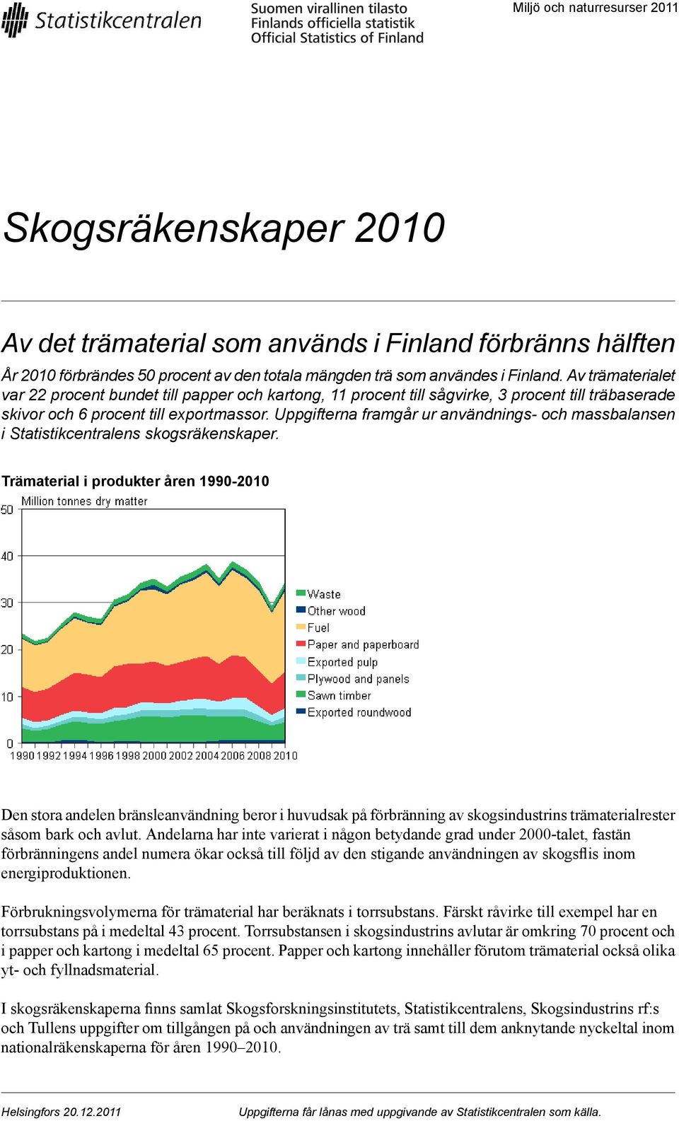 Uppgifterna framgår ur användngs- och massbalansen i Statistikcentralens skogsräkenskaper.