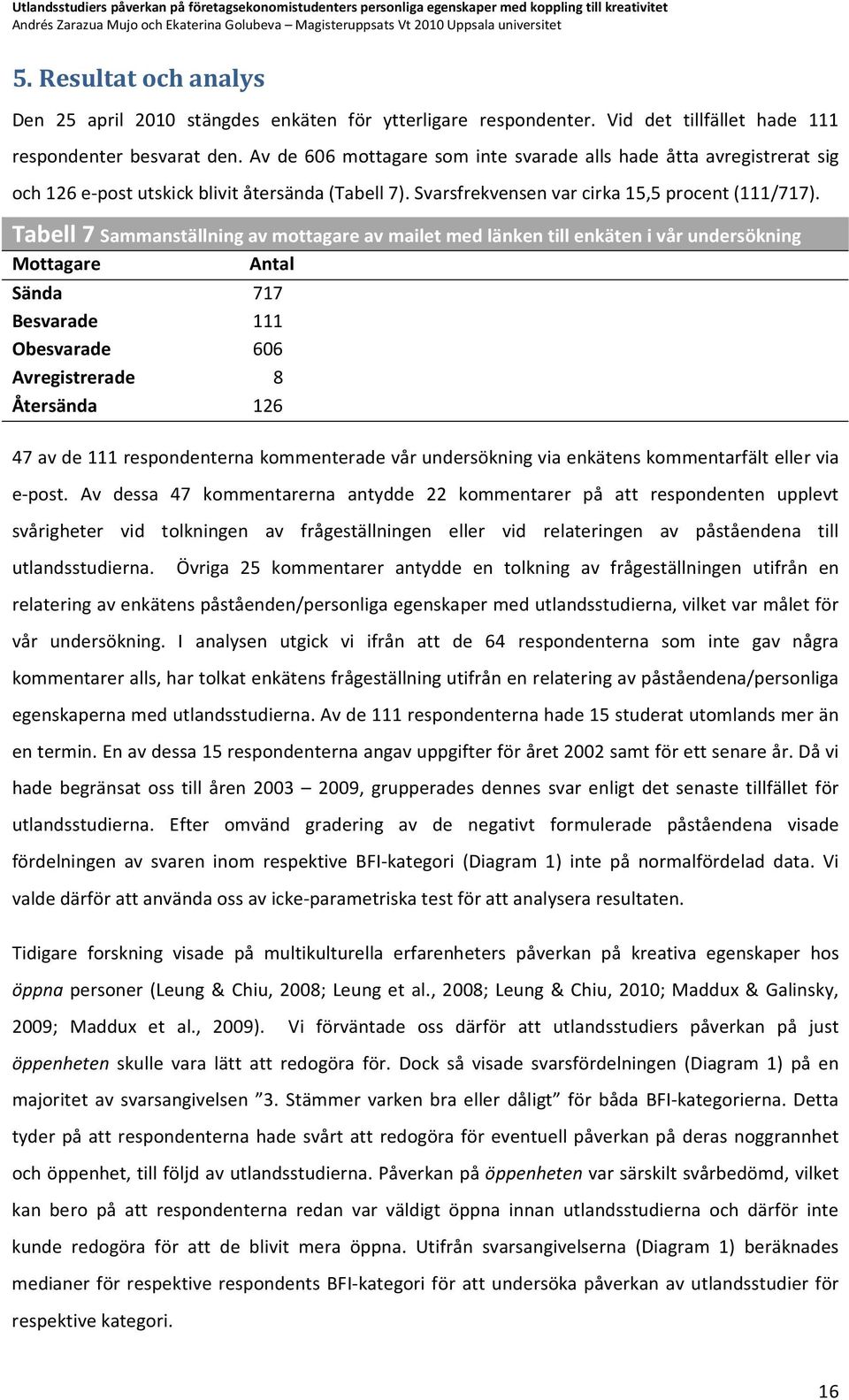 Tabell 7 Sammanställning av mottagare av mailet med länken till enkäten i vår undersökning Mottagare Antal Sända 717 Besvarade 111 Obesvarade 606 Avregistrerade 8 Återsända 126 47 av de 111