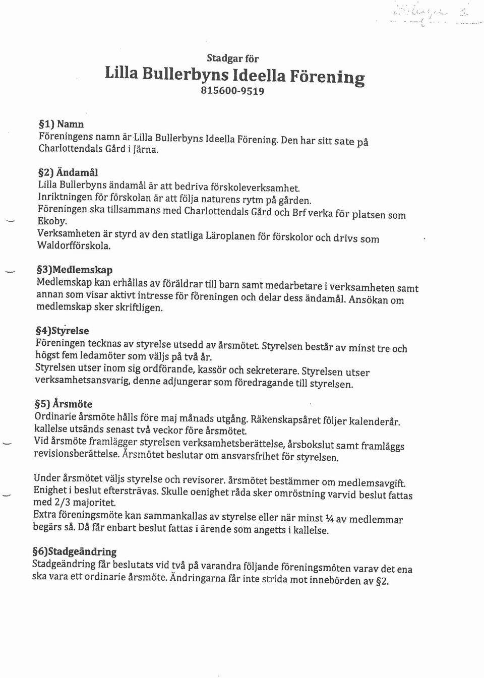 Föreningen ska tillsammans med Charlottendals Gard och Brf verka för platsen som._ Ekoby. Verksamheten är styrd av den statliga Läroplanen för förskolor och drivs som Waldorfförskola.