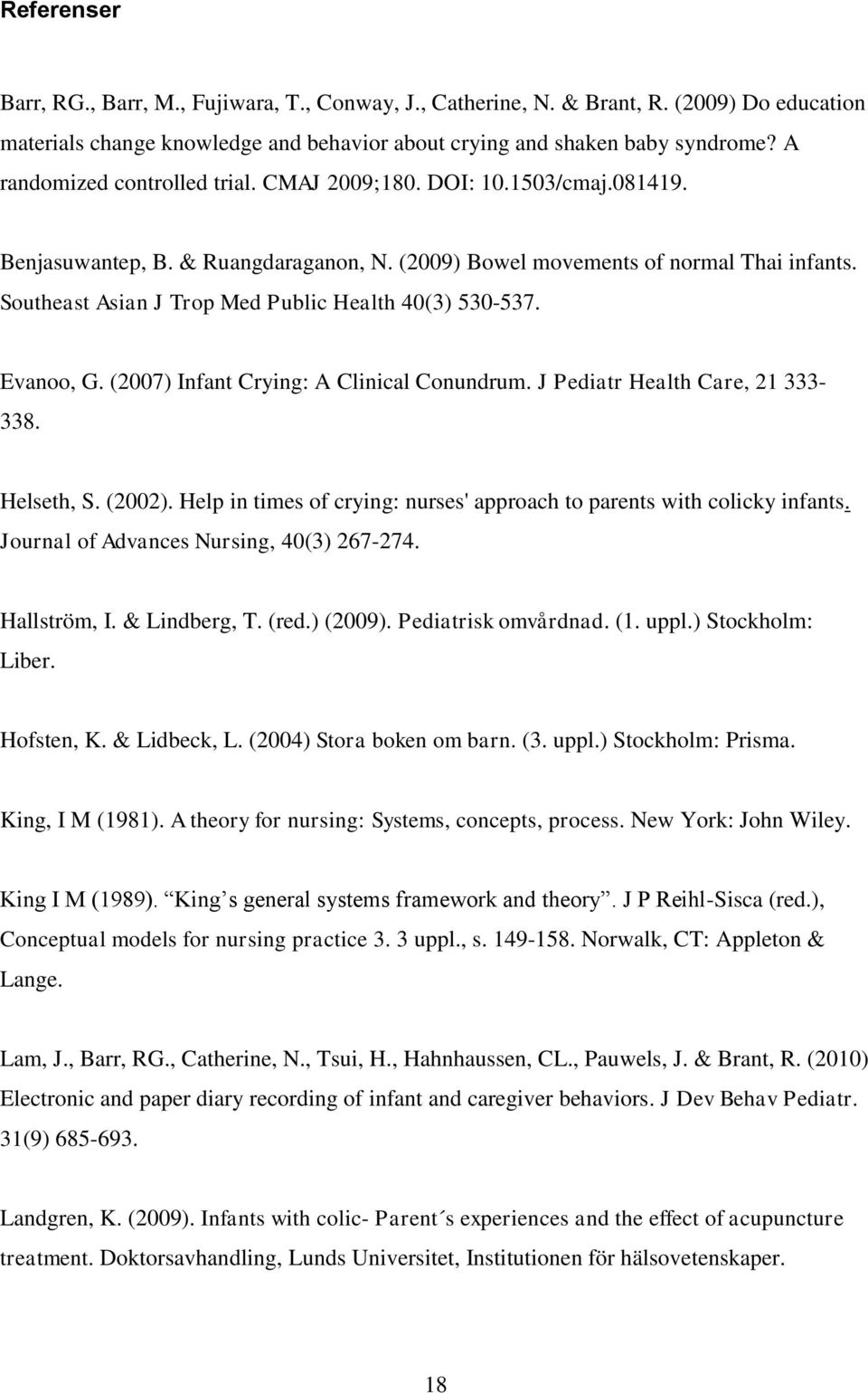 Southeast Asian J Trop Med Public Health 40(3) 530-537. Evanoo, G. (2007) Infant Crying: A Clinical Conundrum. J Pediatr Health Care, 21 333-338. Helseth, S. (2002).