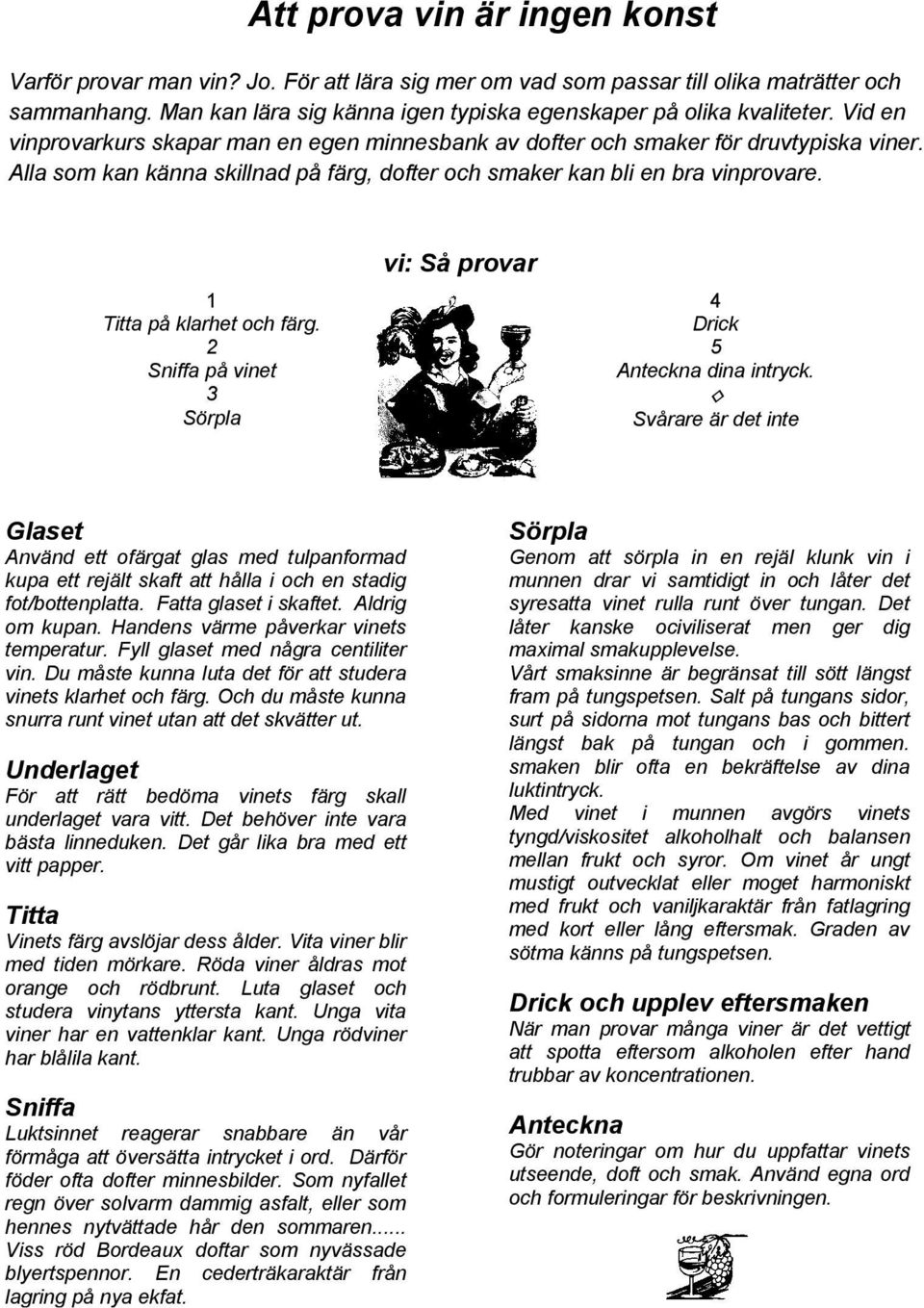 1 Titta på klarhet och färg. 2 Sniffa på vinet 3 Sörpla vi: Så provar 4 Drick 5 Anteckna dina intryck.