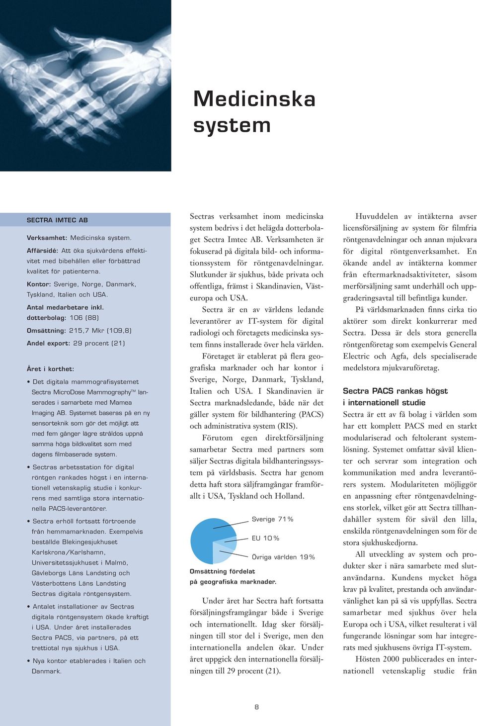 dotterbolag: 106 (88) Omsättning: 215,7 Mkr (109,8) Andel export: 29 procent (21) Året i korthet: Det digitala mammografisystemet Sectra MicroDose Mammography TM lanserades i samarbete med Mamea