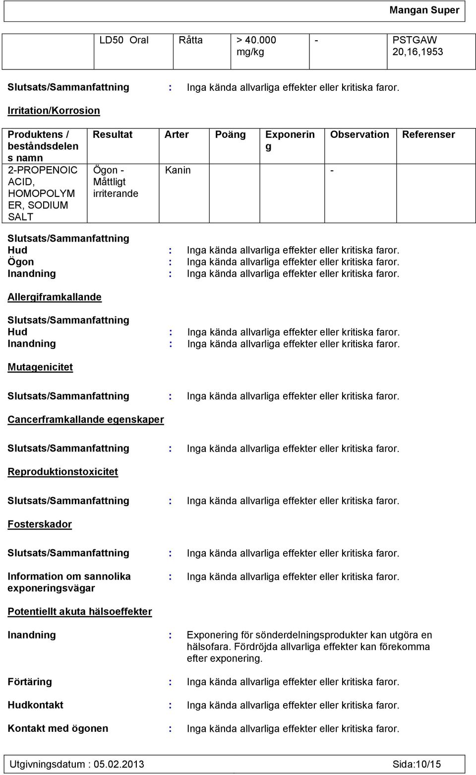 Observation Referenser Slutsats/Sammanfattning Hud : Inga kända allvarliga effekter eller kritiska faror. Ögon : Inga kända allvarliga effekter eller kritiska faror.