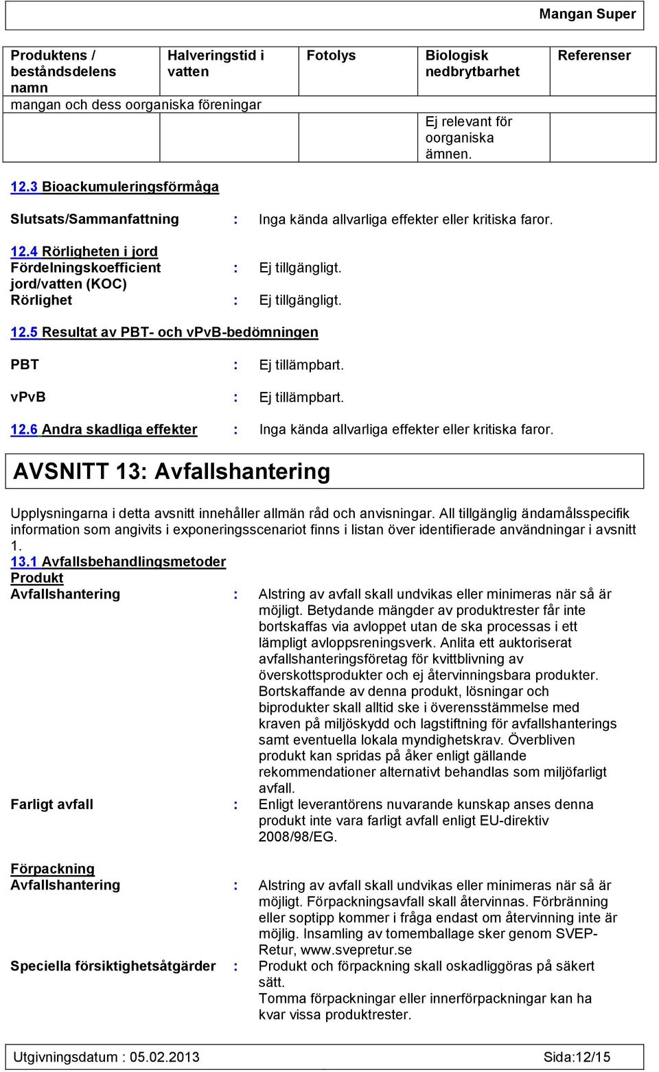 12.6 Andra skadliga effekter : Inga kända allvarliga effekter eller kritiska faror. AVSNITT 13: Avfallshantering Upplysningarna i detta avsnitt innehåller allmän råd och anvisningar.