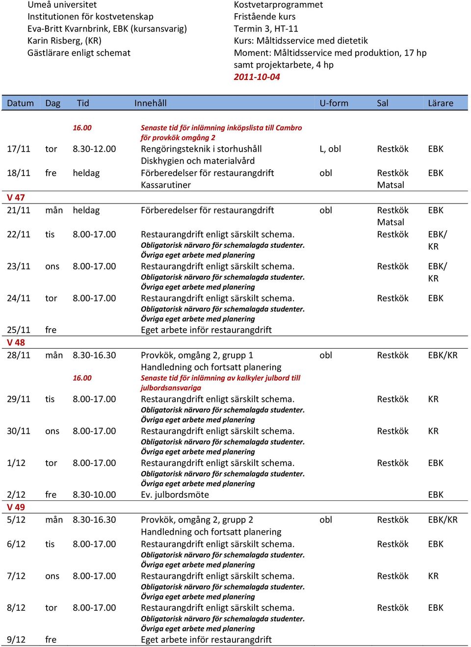 22/11 tis 8.00 17.00 Restaurangdrift enligt särskilt scha. 23/11 ons 8.00 17.00 Restaurangdrift enligt särskilt scha. 24/11 tor 8.00 17.00 Restaurangdrift enligt särskilt scha. 25/11 fre Eget arbete inför restaurangdrift V 48 28/11 mån 8.