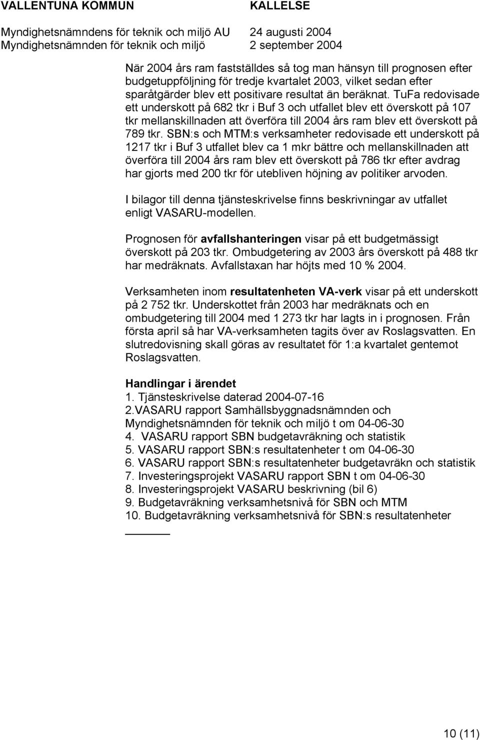 SBN:s och MTM:s verksamheter redovisade ett underskott på 1217 tkr i Buf 3 utfallet blev ca 1 mkr bättre och mellanskillnaden att överföra till 2004 års ram blev ett överskott på 786 tkr efter avdrag