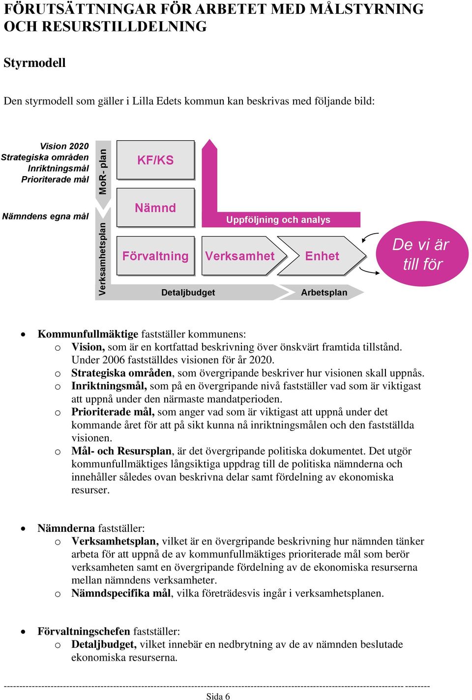 fastställer kommunens: o Vision, som är en kortfattad beskrivning över önskvärt framtida tillstånd. Under 2006 fastställdes visionen för år 2020.