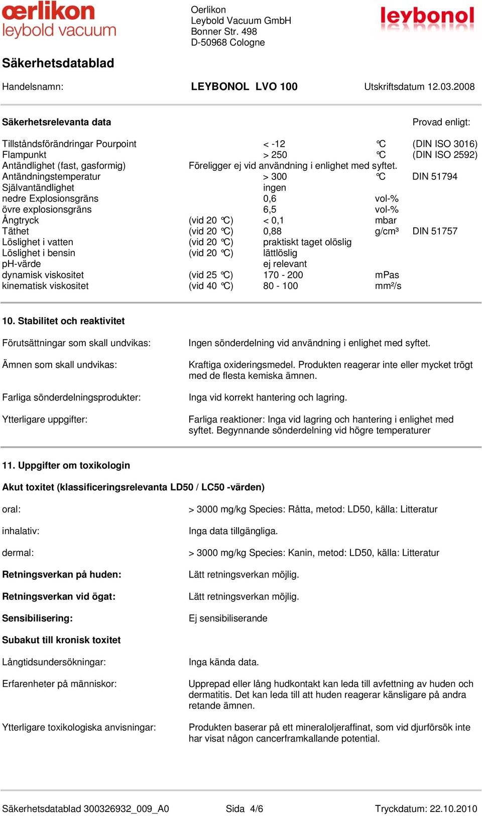 Antändningstemperatur > 300 C DIN 51794 Självantändlighet nedre Explosionsgräns 0,6 vol-% övre explosionsgräns 6,5 vol-% Ångtryck (vid 20 C) < 0,1 mbar Täthet (vid 20 C) 0,88 g/cm³ DIN 51757