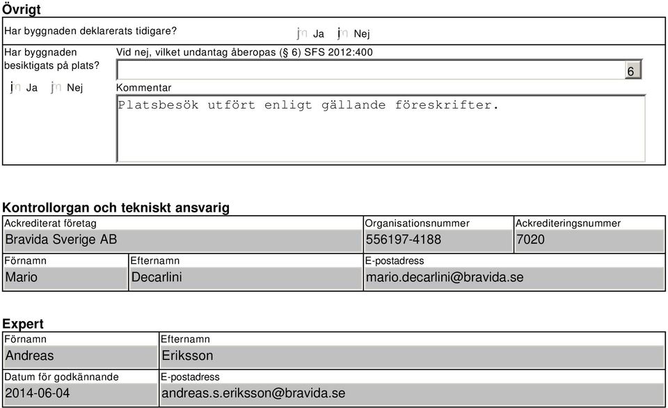 6 Kontrollorgan och tekniskt ansvarig Ackrediterat företag Bravida Sverige AB Förnamn Mario Efternamn Decarlini Organisationsnummer