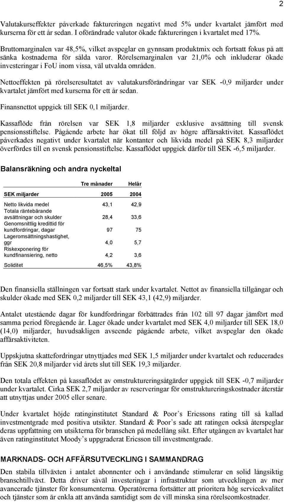 Rörelsemarginalen var 21,0% och inkluderar ökade investeringar i FoU inom vissa, väl utvalda områden.