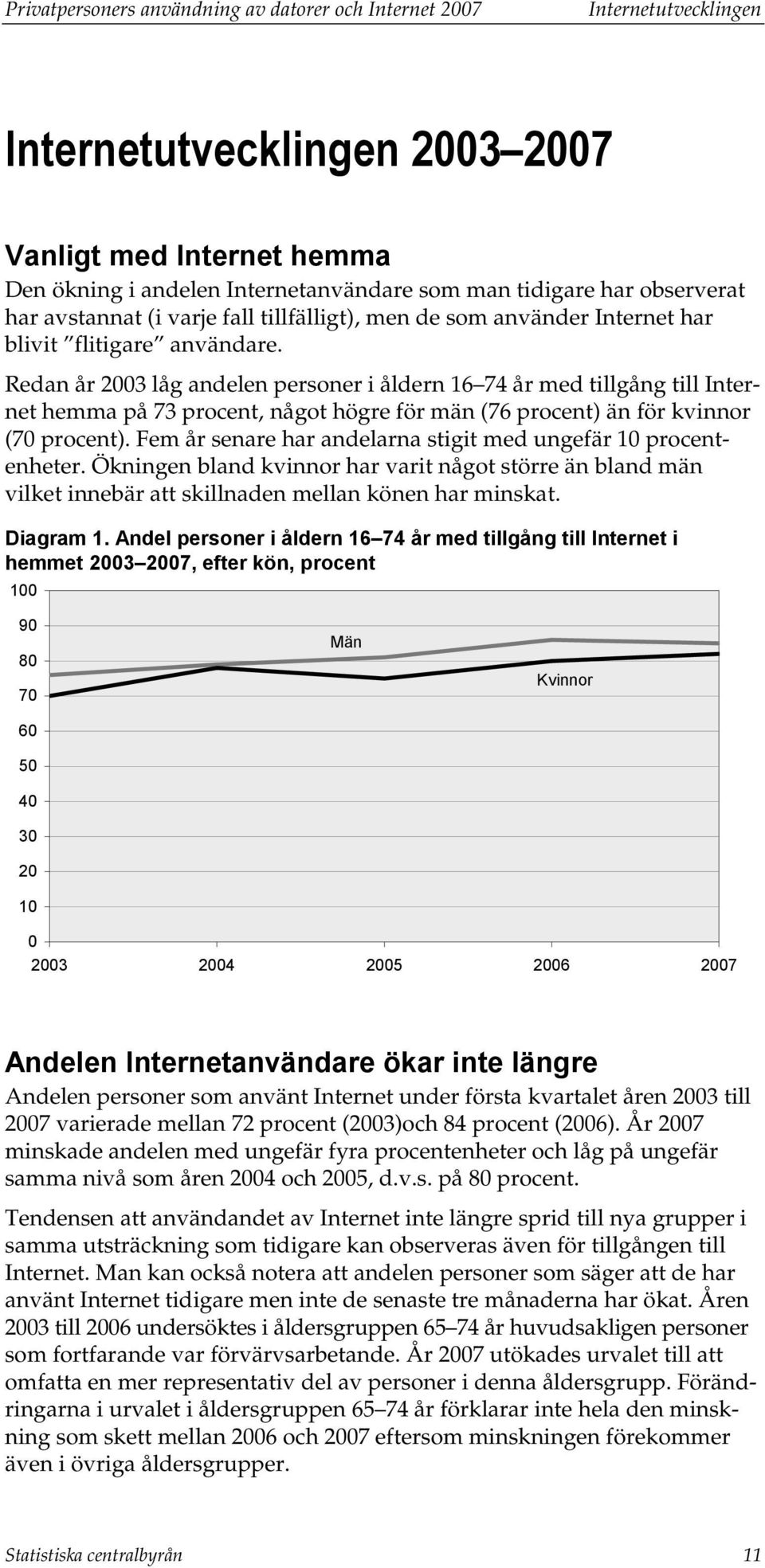 Redan år 2003 låg andelen personer i åldern 16 74 år med tillgång till Internet hemma på 73 procent, något högre för män (76 procent) än för kvinnor (70 procent).