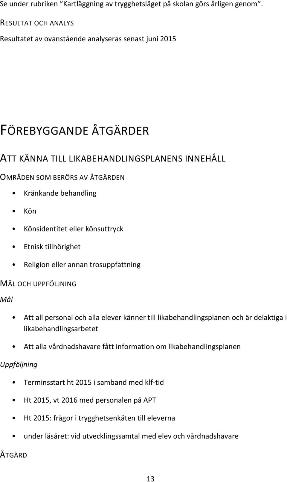 Kön Könsidentitet eller könsuttryck Etnisk tillhörighet Religion eller annan trosuppfattning MÅL OCH UPPFÖLJNING Mål Att all personal och alla elever känner till likabehandlingsplanen och är