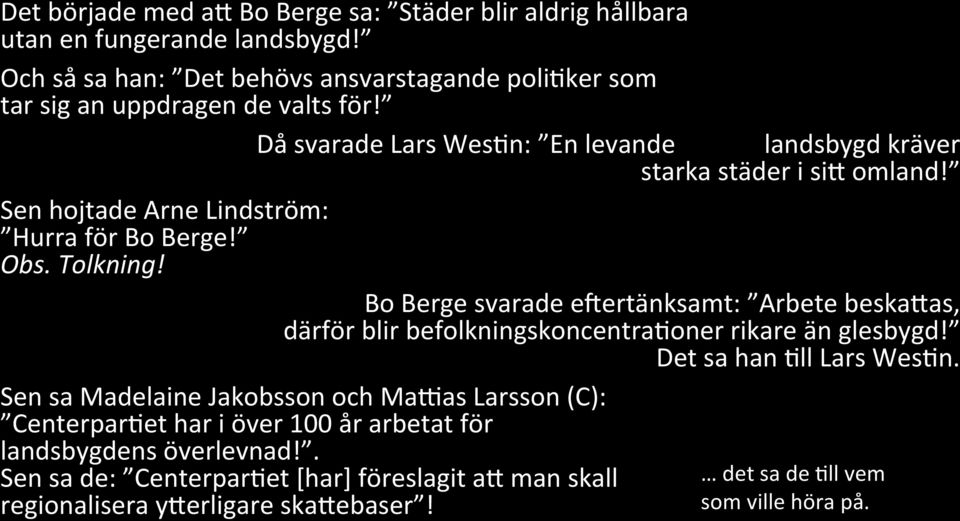 Sen hojtade Arne Lindström: Hurra för Bo Berge! Obs. Tolkning! Bo Berge svarade epertänksamt: Arbete beskabas, därför blir befolkningskoncentrakoner rikare än glesbygd!