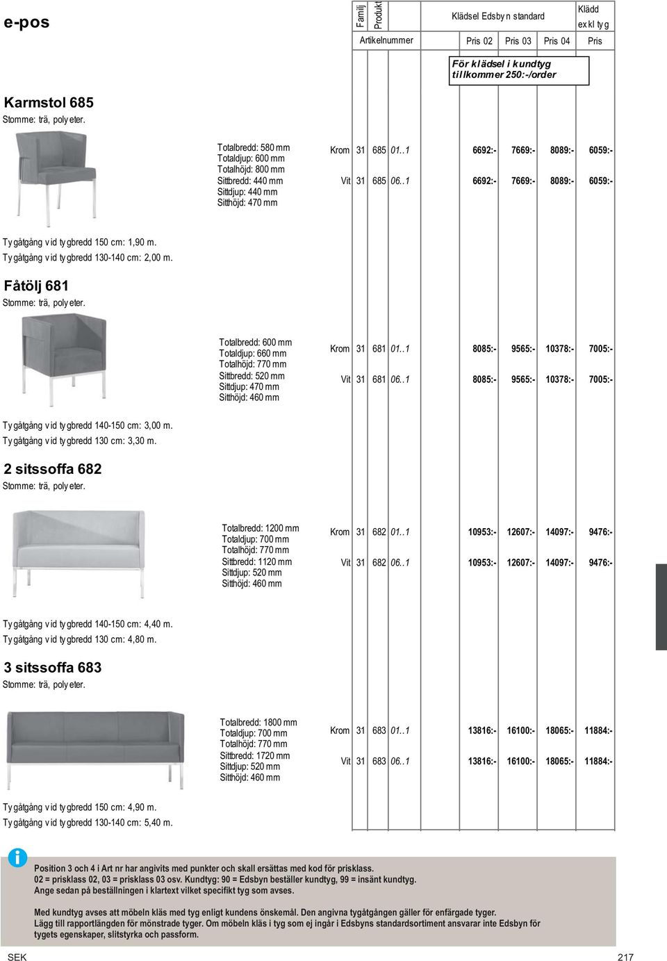 mm Sittdjup: 440 mm Sitthöjd: 470 mm Krom 31 685 01..1 6692:- 7669:- 8089:- 6059:- Vit 31 685 06..1 6692:- 7669:- 8089:- 6059:- Ty gåtgång v id ty gbredd 150 cm: 1,90 m.