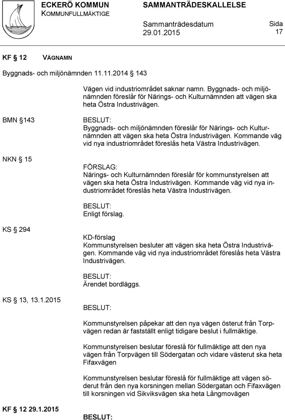 BMN 143 NKN 15  Kommande väg vid nya industriområdet föreslås heta Västra Industrivägen. FÖRSLAG: Närings- och Kulturnämnden föreslår för kommunstyrelsen att vägen ska heta Östra Industrivägen.