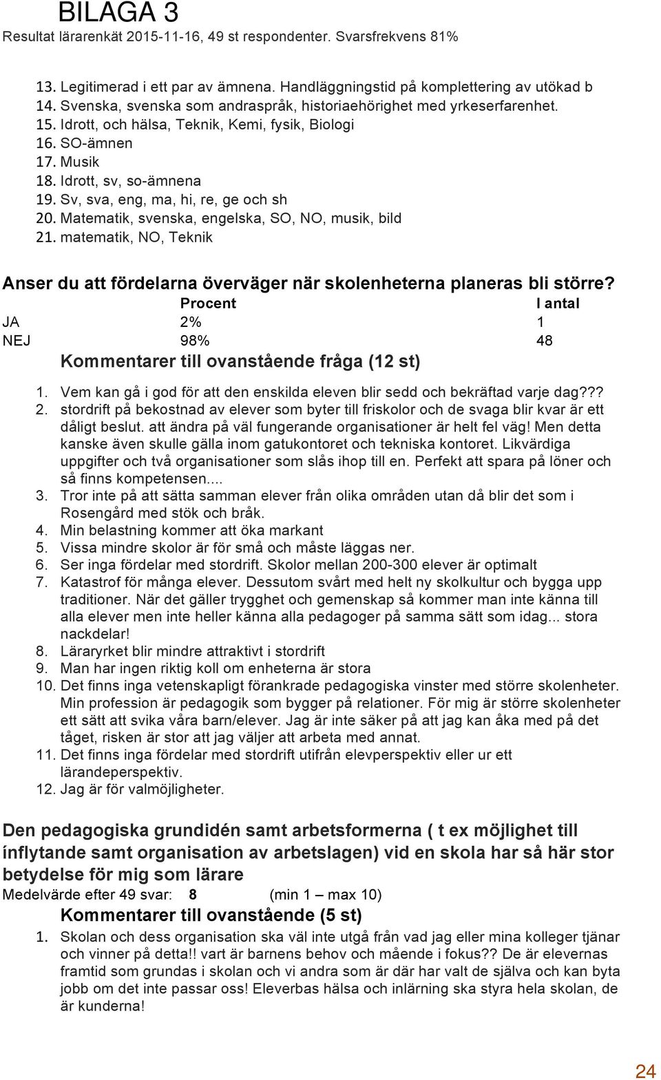 matematik, NO, Teknik Anser du att fördelarna överväger när skolenheterna planeras bli större? JA 2% 1 NEJ 98% 48 Kommentarer till ovanstående fråga (12 st) 1.